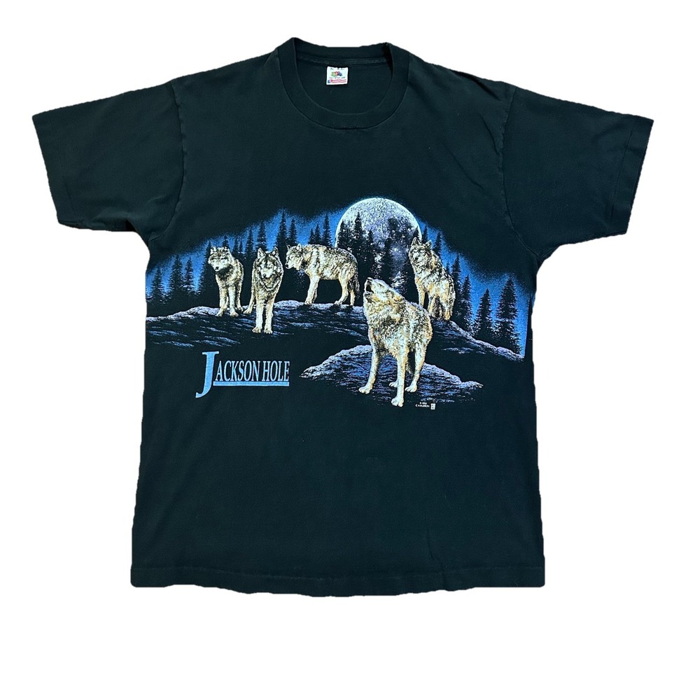 Vtg Single Stitch Jackson Hole Wyoming T-Shirt Wolves Nature Tee Size XL AOP